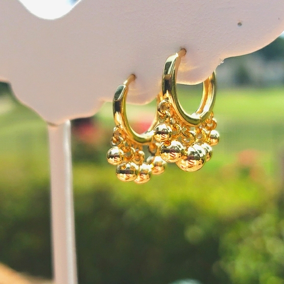 18KT GOLD VERMEIL/925 STERLING SILVER BALL TASSEL DANGLE HOOP EARRINGS☆NEW☆BOHO - Picture 3 of 4